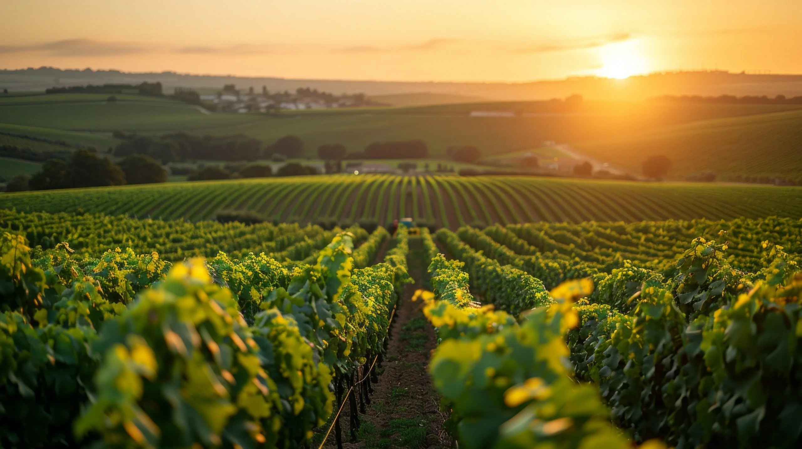 Vignoble du Beaujolais sur sol granitique — rangées de vignes et collines boisées